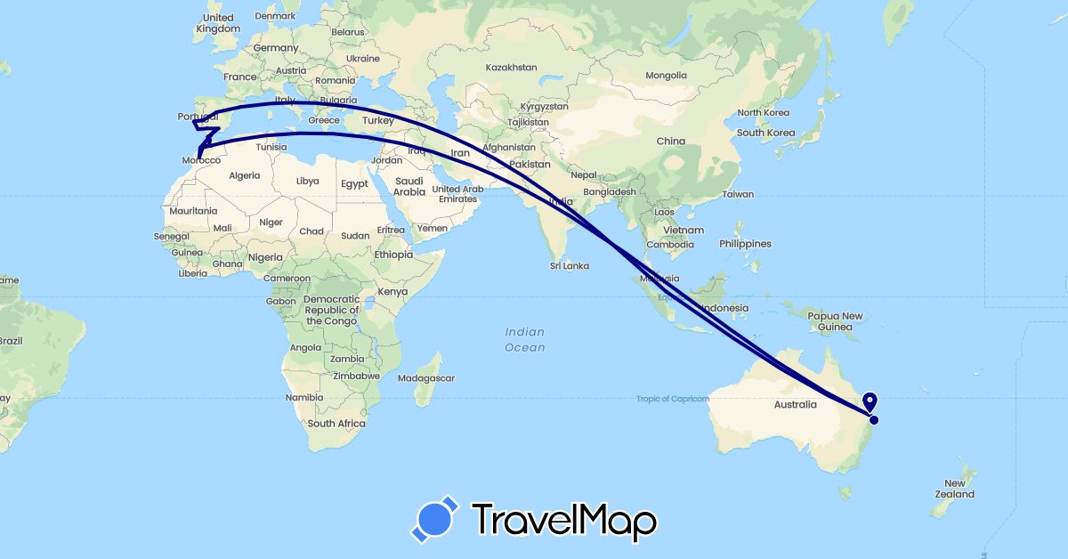 TravelMap itinerary: driving in Australia, Spain, Morocco, Portugal, Singapore (Africa, Asia, Europe, Oceania)